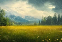 A bright meadow glistens after a summer rainstorm.