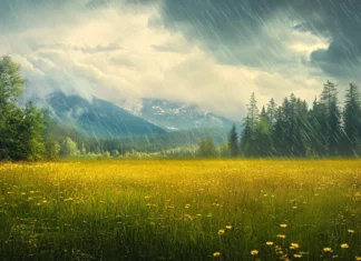 A bright meadow glistens after a summer rainstorm.