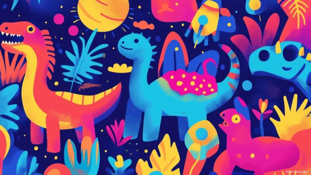 A bright wallpaper with a fun mix of dinosaurs, rockets, and outer space elements in bold primary colors, for an adventurous kids room.