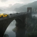A bright yellow Huracan flying across a bridge over a foggy river.