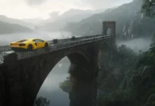A bright yellow Huracan flying across a bridge over a foggy river.