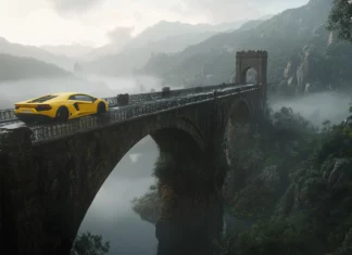 A bright yellow Huracan flying across a bridge over a foggy river.