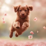 A brown puppy jumping to catch falling cherry blossoms.