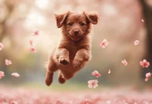A brown puppy jumping to catch falling cherry blossoms.