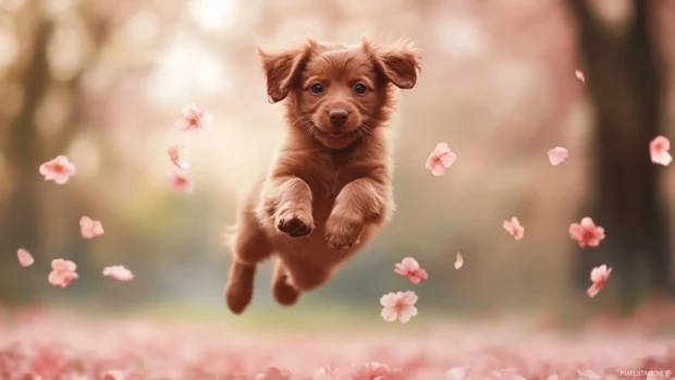 A brown puppy jumping to catch falling cherry blossoms.