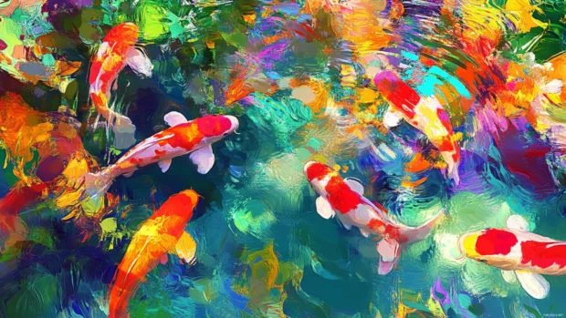 A brushstroke effect gives Colorful koi pond a surreal quality.