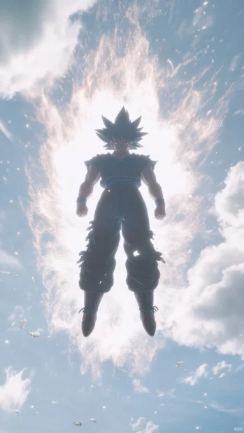 A burst of wind flares behind Goku as he appears out of a teleport in midair.