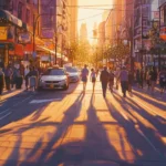 A bustling city street bathed in the warm glow of the setting sun, long shadows stretching across the pavement.