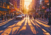A bustling city street bathed in the warm glow of the setting sun, long shadows stretching across the pavement.