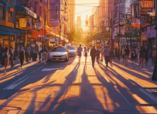 A bustling city street bathed in the warm glow of the setting sun, long shadows stretching across the pavement.