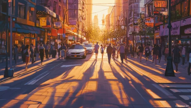 A bustling city street bathed in the warm glow of the setting sun, long shadows stretching across the pavement.