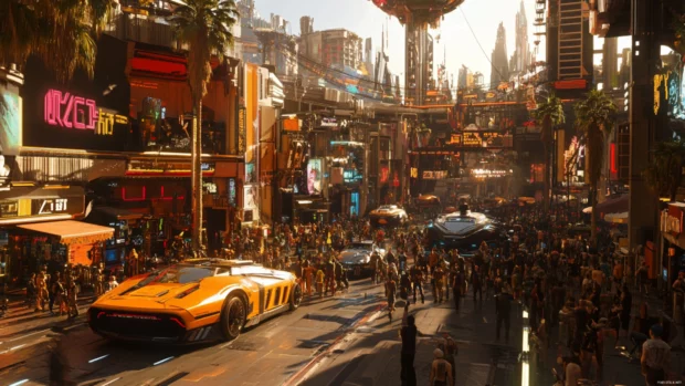 A bustling cyberpunk district featuring crowds, neon signage, and hover cars.