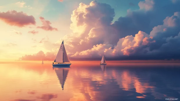 A calm Summer Vibes evening where sailboats float gently under cotton candy clouds and the sky blazes in warm hues.