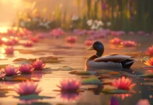 A calm duck floats between patches of lily pads under soft twilight.