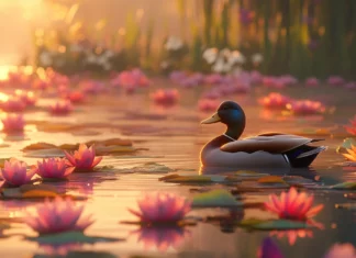A calm duck floats between patches of lily pads under soft twilight.