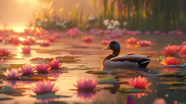 A calm duck floats between patches of lily pads under soft twilight.