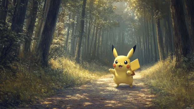 A calm forest path opens ahead as Pikachu walks with curiosity and joy.