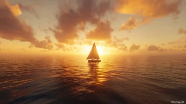 A calm ocean scene with a sailboat drifting under an HD sunset background, the horizon ablaze.