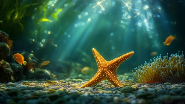 A calming beach scene, a starfish slowly moves across the ocean floor, encompassed by sunlit water, colorful fish, and an array of sea anemones.