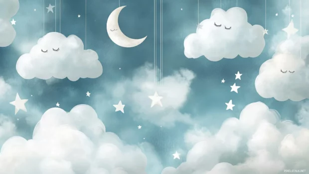 A calming blue wallpaper filled with cartoon clouds, moons, and sleepy stars, creating a bedtime scene to help kids feel cozy and relaxed.