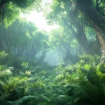 A canopy of vibrant green stretches overhead in a peaceful jungle forest.
