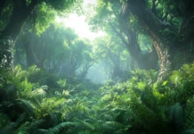 A canopy of vibrant green stretches overhead in a peaceful jungle forest.