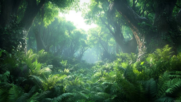 A canopy of vibrant green stretches overhead in a peaceful jungle forest.