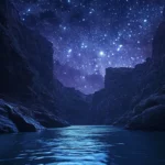 A canyon river lit faintly by drifting stars.