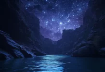 A canyon river lit faintly by drifting stars.