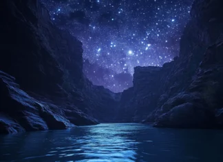 A canyon river lit faintly by drifting stars.