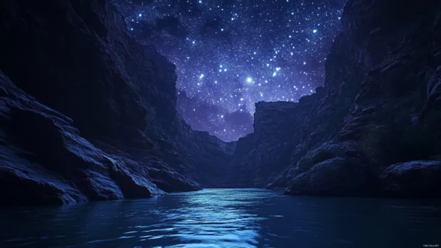 A canyon river lit faintly by drifting stars.