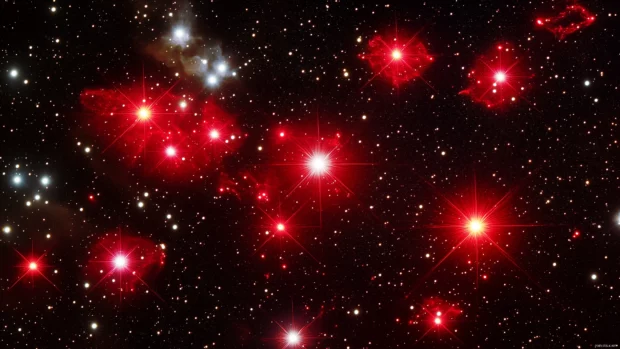 A captivating scene of a constellation of red stars forming unique shapes in the night sky, with a backdrop of swirling clouds and twinkling lights that add depth and dimension.