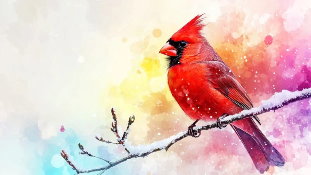 A cardinal perched proudly on a winter branch rendered in vibrant watercolor hues.