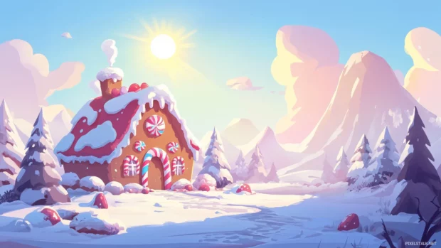 A cartoon gingerbread house with candy decorations, snowy landscape, bright sun.