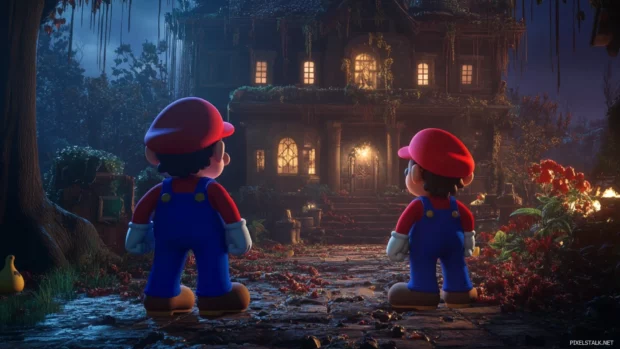 A cartoon render of Mario and Luigi exploring a haunted mansion, crafted for Mario Bros Desktop Wallpaper.