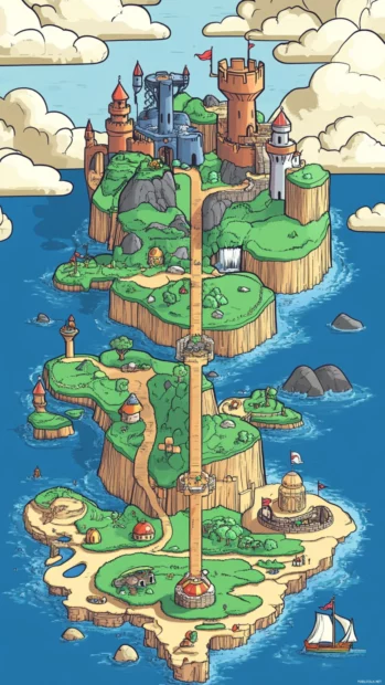 A cartoon style map shows Super Marios journey between kingdoms in a vertical scroll.