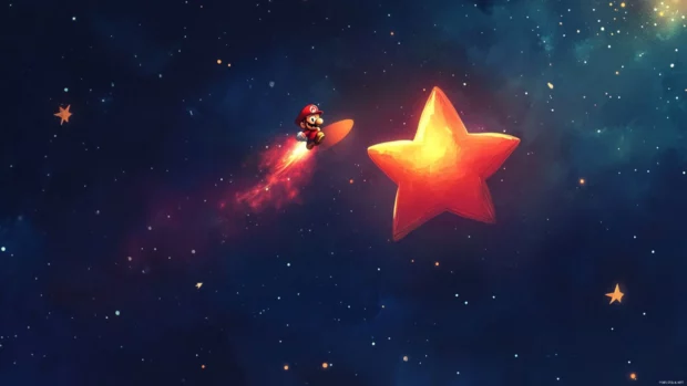 A cartoon styled Mario Galaxy Wallpaper showing Mario launching from a red star into deep space.