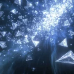 A cascade of glowing triangles falling gently through space.