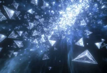 A cascade of glowing triangles falling gently through space.