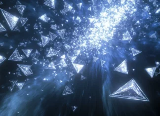 A cascade of glowing triangles falling gently through space.