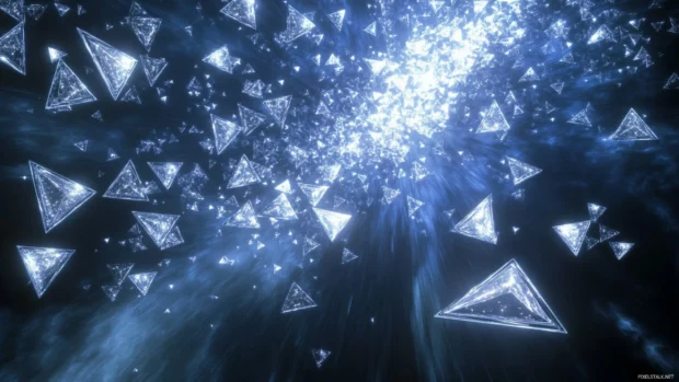 A cascade of glowing triangles falling gently through space.