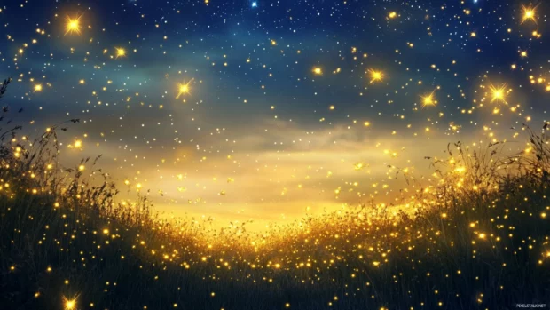 A cascade of luminous gold stars over twilight meadows, evoking the grandeur of golden cosmic stars illustration.