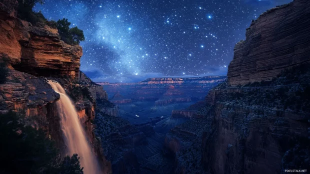 A cascade of stars flowing into deep canyons.