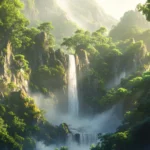 A cascading waterfall in a lush forest, ideal for Windows 10 desktop lock screen.