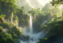 A cascading waterfall in a lush forest, ideal for Windows 10 desktop lock screen.