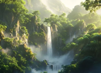 A cascading waterfall in a lush forest, ideal for Windows 10 desktop lock screen.