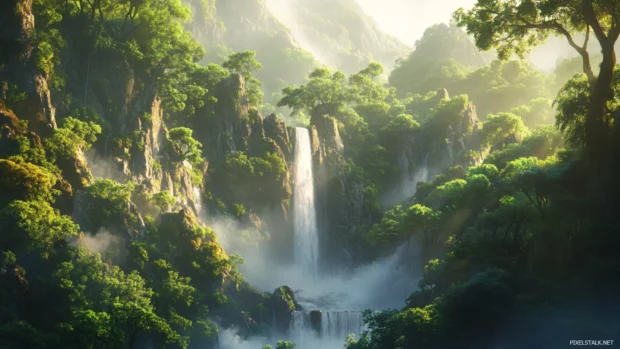 A cascading waterfall in a lush forest, ideal for Windows 10 desktop lock screen.