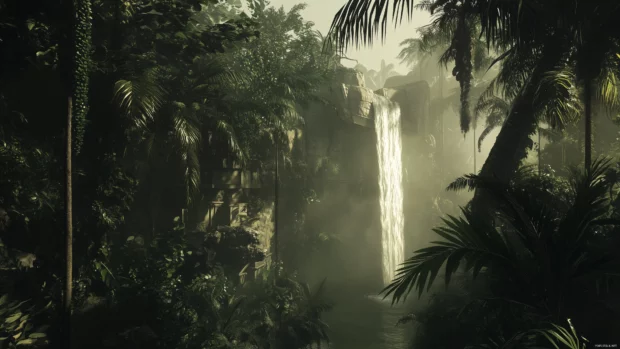 A cascading waterfall surrounded by lush greenery, with mist creating a dreamy and tranquil atmosphere.