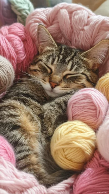 A cat curled up in a pink basket filled with yarn balls.