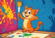 A cat painting a colorful mural on a wall, surrounded by splashes of paint and cute little brushes, with a creative vibe.